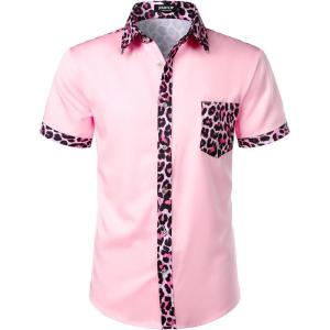 imageMens Stretchy Causal Leopard Cheetah Print Short Sleeve Slim Fit Button Up ShirtPink Leopard
