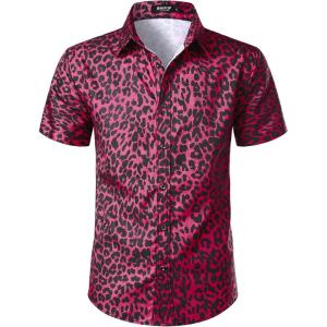 imageMens Stretchy Causal Leopard Cheetah Print Short Sleeve Slim Fit Button Up ShirtRose