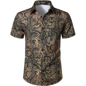 imageMens Stretchy Causal Leopard Cheetah Print Short Sleeve Slim Fit Button Up ShirtSnake