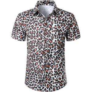imageMens Stretchy Causal Leopard Cheetah Print Short Sleeve Slim Fit Button Up ShirtWhite