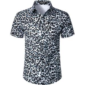 imageMens Stretchy Causal Leopard Cheetah Print Short Sleeve Slim Fit Button Up ShirtWhite Gray