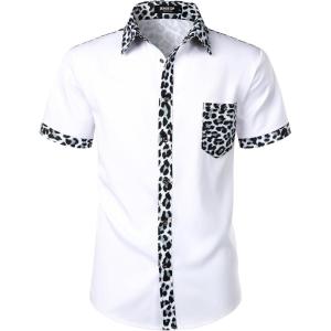 imageMens Stretchy Causal Leopard Cheetah Print Short Sleeve Slim Fit Button Up ShirtWhite Leopard