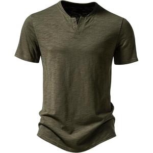imageMens Stretchy Short Sleeve Henley TShirt Casual Cotton 2 Buttons Notch Neck Tee ShirtsArmy Green