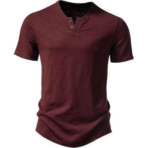imageMens Stretchy Short Sleeve Henley TShirt Casual Cotton 2 Buttons Notch Neck Tee ShirtsBurgundy