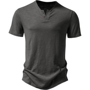 imageMens Stretchy Short Sleeve Henley TShirt Casual Cotton 2 Buttons Notch Neck Tee ShirtsGrey