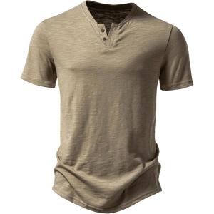 imageMens Stretchy Short Sleeve Henley TShirt Casual Cotton 2 Buttons Notch Neck Tee ShirtsKhaki