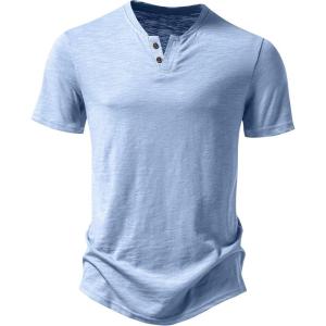 imageMens Stretchy Short Sleeve Henley TShirt Casual Cotton 2 Buttons Notch Neck Tee ShirtsLight Blue