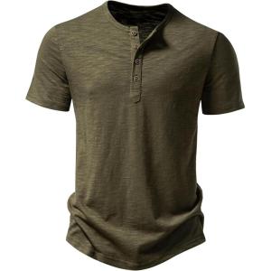 imageMens Stretchy Short Sleeve Slim Fit Henley TShirt Casual Cotton 4 Buttons Tee ShirtsArmy Green