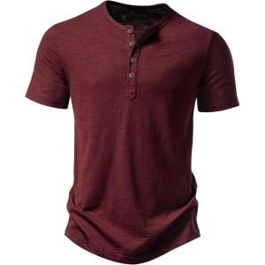 imageMens Stretchy Short Sleeve Slim Fit Henley TShirt Casual Cotton 4 Buttons Tee ShirtsBurgundy