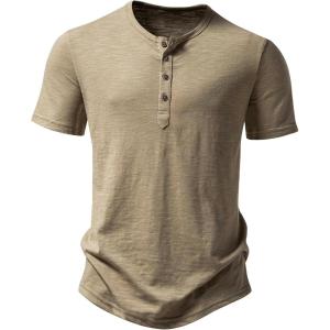imageMens Stretchy Short Sleeve Slim Fit Henley TShirt Casual Cotton 4 Buttons Tee ShirtsKhaki