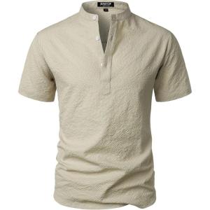 imageMens Stylish Seersucker Texture Short Sleeve Henley Shirts Lightweight Stretch Band Collar Beach Vacation TopBeige