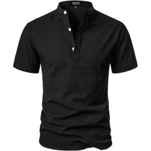 imageMens Stylish Seersucker Texture Short Sleeve Henley Shirts Lightweight Stretch Band Collar Beach Vacation TopBlack