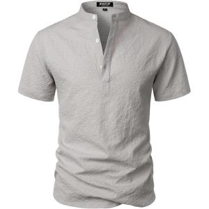 imageMens Stylish Seersucker Texture Short Sleeve Henley Shirts Lightweight Stretch Band Collar Beach Vacation TopLight Grey