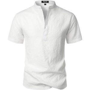 imageMens Stylish Seersucker Texture Short Sleeve Henley Shirts Lightweight Stretch Band Collar Beach Vacation TopWhite