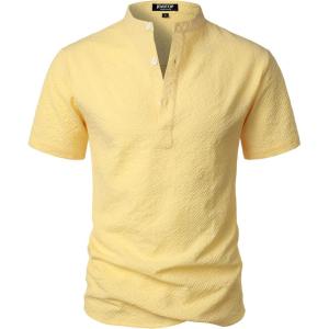 imageMens Stylish Seersucker Texture Short Sleeve Henley Shirts Lightweight Stretch Band Collar Beach Vacation TopYellow