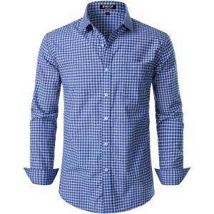 imageMens Transitional Weather Slim Fit Long Sleeve Button Down Shirt Business Casual Dress Shirts with PocketBlue Gingham