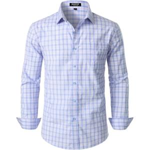 imageMens Transitional Weather Slim Fit Long Sleeve Button Down Shirt Business Casual Dress Shirts with PocketBlue Purple Gingham