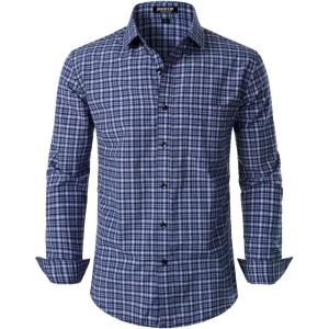 imageMens Transitional Weather Slim Fit Long Sleeve Button Down Shirt Business Casual Dress Shirts with PocketDark Blue Gingham