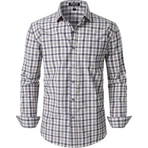 imageMens Transitional Weather Slim Fit Long Sleeve Button Down Shirt Business Casual Dress Shirts with PocketKhaki Gingham