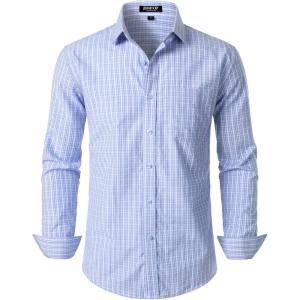 imageMens Transitional Weather Slim Fit Long Sleeve Button Down Shirt Business Casual Dress Shirts with PocketLight Blue Gingham