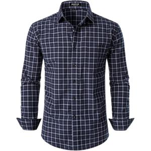 imageMens Transitional Weather Slim Fit Long Sleeve Button Down Shirt Business Casual Dress Shirts with PocketNavy Gingham