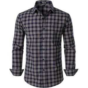 imageMens Transitional Weather Slim Fit Long Sleeve Button Down Shirt Business Casual Dress Shirts with PocketNavy Tan Gingham