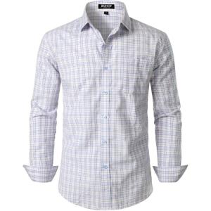 imageMens Transitional Weather Slim Fit Long Sleeve Button Down Shirt Business Casual Dress Shirts with PocketVintage White Gingham