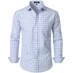 imageMens Transitional Weather Slim Fit Long Sleeve Button Down Shirt Business Casual Dress Shirts with PocketWhite Blue Gingham