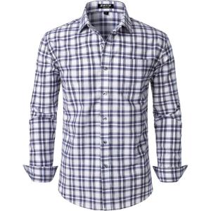 imageMens Transitional Weather Slim Fit Long Sleeve Button Down Shirt Business Casual Dress Shirts with PocketWhite Navy Gingham
