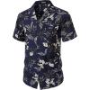 imageMens Summer Textured Cuban Collar Hawaiian Shirts Casual Vacation Short Sleeve Button Up Shirt with PocketNavy Blue Leaves