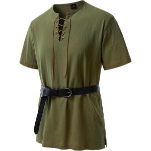 imageMens Pure Cotton Retro Short Sleeves Lace Up Shirts for Casual Renaissance Pirate Medieval Viking Without BeltArmy Green