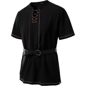 imageMens Pure Cotton Retro Short Sleeves Lace Up Shirts for Casual Renaissance Pirate Medieval Viking Without BeltBlack