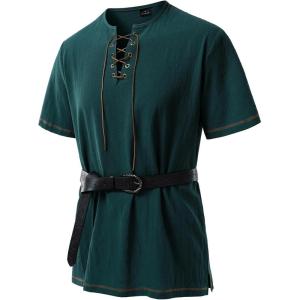 imageMens Pure Cotton Retro Short Sleeves Lace Up Shirts for Casual Renaissance Pirate Medieval Viking Without BeltDark Green