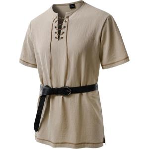 imageMens Pure Cotton Retro Short Sleeves Lace Up Shirts for Casual Renaissance Pirate Medieval Viking Without BeltKhaki