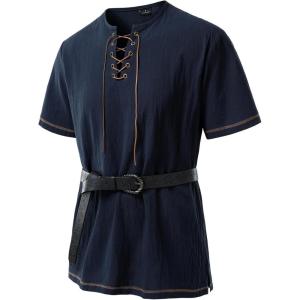 imageMens Pure Cotton Retro Short Sleeves Lace Up Shirts for Casual Renaissance Pirate Medieval Viking Without BeltNavy Blue