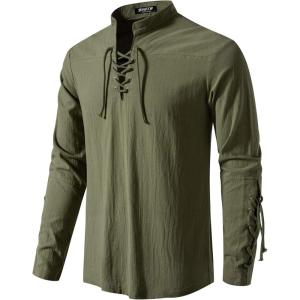 imageMens Retro Lace Up Renaissance Pirate Medieval Costume Cotton Long Sleeve Viking ShirtArmy Green
