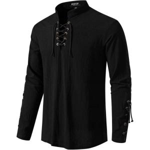 imageMens Retro Lace Up Renaissance Pirate Medieval Costume Cotton Long Sleeve Viking ShirtBlack