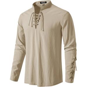 imageMens Retro Lace Up Renaissance Pirate Medieval Costume Cotton Long Sleeve Viking ShirtKhaki