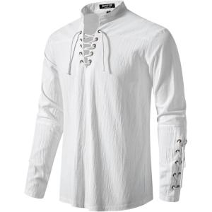imageMens Retro Lace Up Renaissance Pirate Medieval Costume Cotton Long Sleeve Viking ShirtWhite