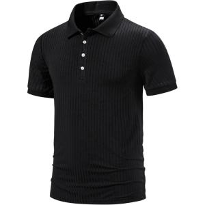 imageMens Stretch Breathable Ribbed Knit Short Sleeve Slim Fit Polo Casual Fitted Muscle Shirt Black L