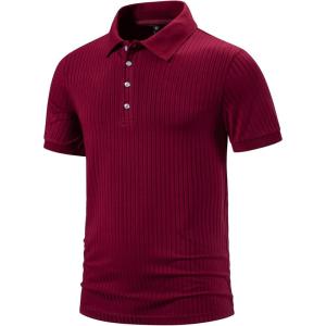 imageMens Stretch Breathable Ribbed Knit Short Sleeve Slim Fit Polo Casual Fitted Muscle Shirt Burgundy L