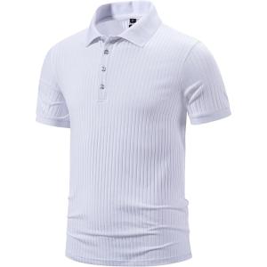 imageMens Stretch Breathable Ribbed Knit Short Sleeve Slim Fit Polo Casual Fitted Muscle Shirt White L