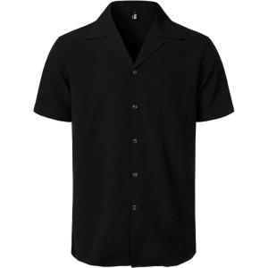 imageMens Stretch Cuban Collar Shirt Summer Lightweight Short Sleeve Button Down Shirts with Pocket for Beach VacationBlack