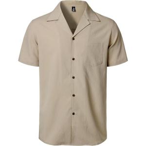 imageMens Stretch Cuban Collar Shirt Summer Lightweight Short Sleeve Button Down Shirts with Pocket for Beach VacationKhaki