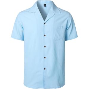 imageMens Stretch Cuban Collar Shirt Summer Lightweight Short Sleeve Button Down Shirts with Pocket for Beach VacationLight Blue