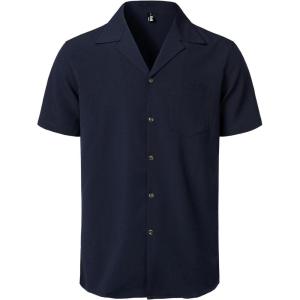 imageMens Stretch Cuban Collar Shirt Summer Lightweight Short Sleeve Button Down Shirts with Pocket for Beach VacationNavy Blue