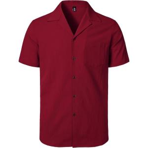 imageMens Stretch Cuban Collar Shirt Summer Lightweight Short Sleeve Button Down Shirts with Pocket for Beach VacationRed