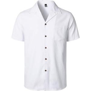 imageMens Stretch Cuban Collar Shirt Summer Lightweight Short Sleeve Button Down Shirts with Pocket for Beach VacationWhite