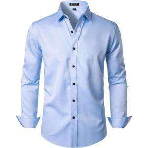 imageMens Stretch Wrinkle Free Dress Shirts Formal Prom Wedding Slim Fit Long Sleeve Button Down ShirtsBlue