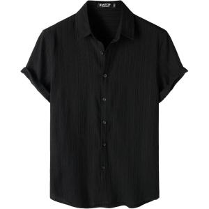 imageMens Stylish Stretch Wrinkle Free Short Sleeve Button Down Shirt Summer Casual Beach Vacation Button up ShirtsBlack